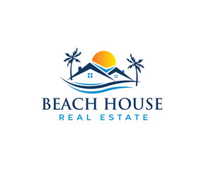 Real estate company logo with beach house symbol and design elements like sun water and vector style