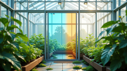 Sunlight shining through entrance of greenhouse onto green plants inside vertical farm
