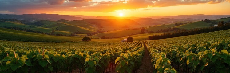 Panoramic view of rolling green hills covered in rows of grapevines during sunset. Golden sun dips below horizon, casting warm light across expansive agricultural landscape. Distant house sits