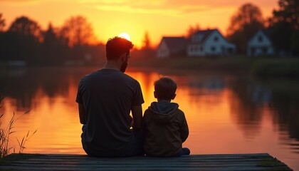 Father and son silhouettes watch sunset over calm lake from wooden pier. Golden hour light reflects on water. Peaceful scene shows family bonding, love, and generational connection in nature.
