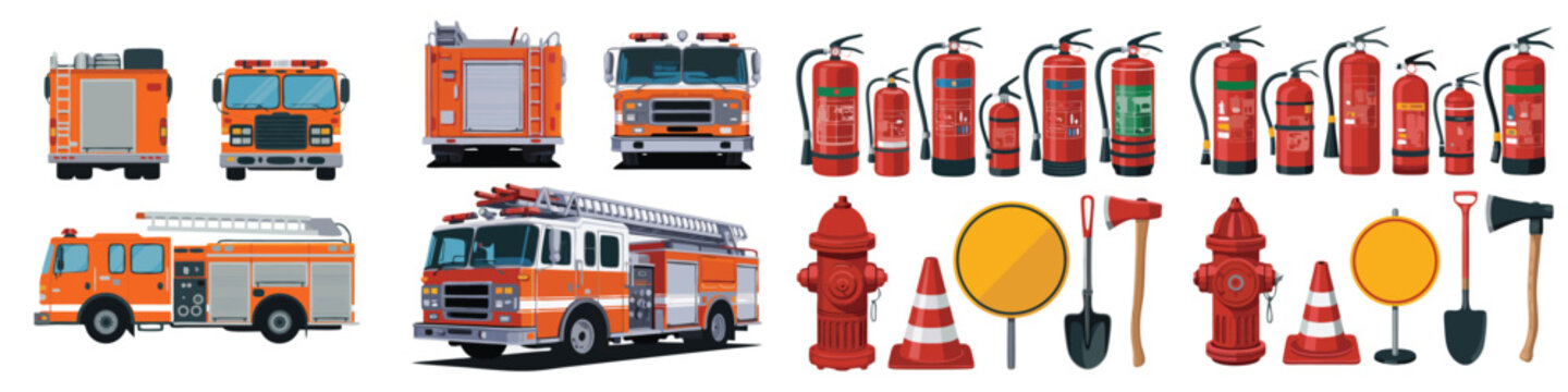 Fire Trucks, Extinguishers, Hydrants, Cones, Shovels and Axes Firefighting Equipment and Safety Supplies Illustration