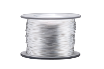 Rolled-up spool of white conductive wire.  A tightly wound coil of bright, shiny white wire, neatly spooled onto a plastic cylindrical spool.  The spool's profile is clear and focused