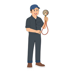  Cartoon Man Technician Borrow Manometer Simple Logo Design Icon Digital
