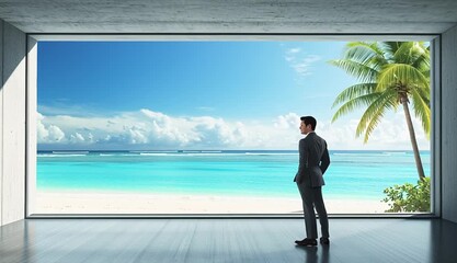 Businessman in suit standing in modern concrete room looking through large window at tropical beach paradise, contrast between gray industrial interior and bright turquoise ocean with palm trees - Powered by Adobe