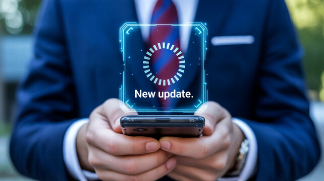 Businessman holding smartphone displaying a futuristic holographic notification for a new software update with a loading circle - Powered by Adobe