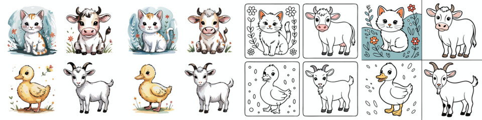 Watercolor and Line Art Animals Cute Kittens, Calves, Ducklings, and Goat Kids Illustrations and Coloring Pages