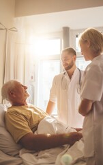 Fototapeta premium Young doctor and nurse caring for elderly patient in bright hospital room with compassionate interaction