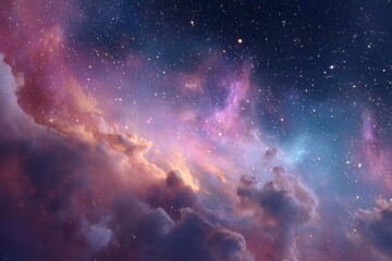 Fototapeta premium Colorful cosmic nebula featuring vivid clouds and luminous stars. Captivating scene for space lovers, great for celestial-themed projects and stunning home decor. Ideal for captivating wallpapers