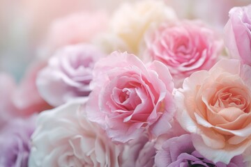 Delicate pastel roses in gentle blur for sophisticated floral backdrop and texture ideas