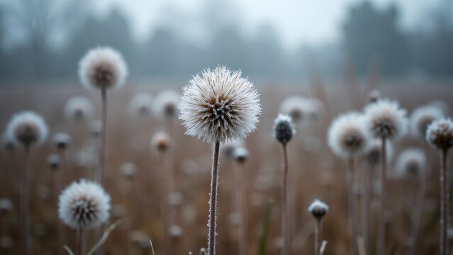 Frosted Seed Head in Misty Winter Field - Powered by Adobe