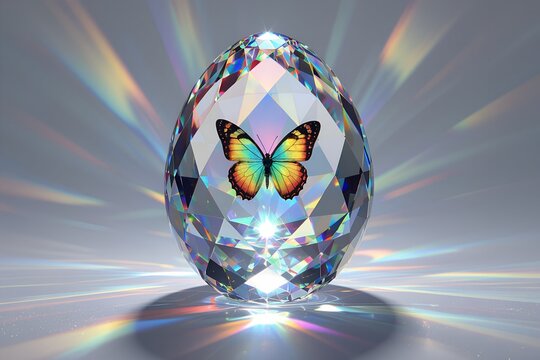 prismatic crystal egg precisely cut to refract and split light into a vibrant rainbow spectrum with a single butterfly