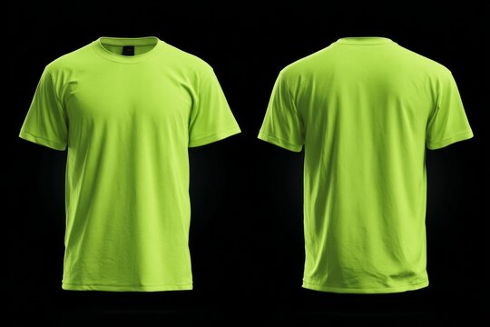 Blank neon green t-shirt mockup front, back view. Activewear design template for outdoor sports safety. Illustrates blank shirt suitable for customization. High visibility apparel for men