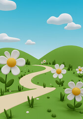 Fototapeta premium Cartoon Landscape Daisies and Path Through Green Hills, Blue Sky and Clouds Illustration