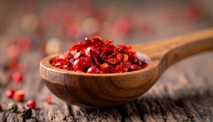Red pepper flakes in a wooden spoon