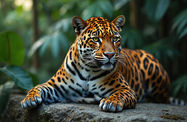 Obraz premium Majestic jaguar rests on mossy rock in Amazonian rainforest. Powerful feline, symbol of wild, displays iconic spotted coat. Close-up portrait focuses on intense gaze, natural beauty of iconic South
