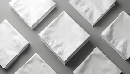 Clean white paper napkin stacks arranged diagonally on neutral gray background. Perfect for custom branding, restaurant menus, food service promotions, event stationery mockups. Offers ample space
