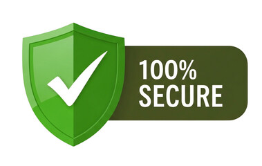 Green shield with a white checkmark symbolizing security and trust next to a rounded rectangle with 100 percent secure text isolated on transparent background