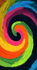 Vibrant hand-painted swirl with textured rainbow colors in abstract spiral design