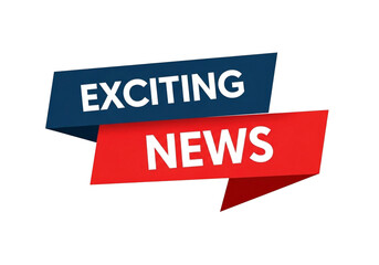 Two overlapping ribbon banners with the words exciting news in white text on a dark blue and red background isolated on transparent background