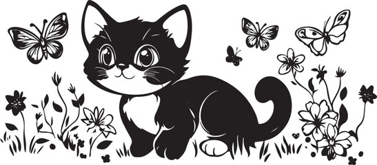 Adorable black and white kitten with large eyes sitting amongst blooming flowers and fluttering butterflies in a whimsical illustration