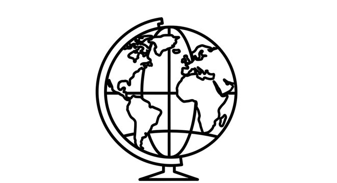 A line drawing of a globe on a stand showing the continents and lines of latitude and longitude