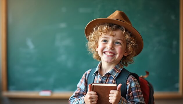 Smiling child with curly blond hair, wearing brown hat, plaid shirt, holds book, backpack. Ready for school, excited for learning. Green chalkboard background. Childhood happiness, new beginnings.