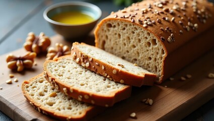 Sliced loaf of bread with seeds on a wooden board.