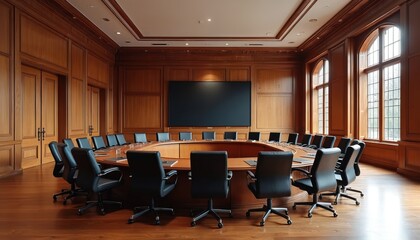Elegant boardroom features polished wood paneling, large round table, executive chairs. Situated in pro corporate space, room includes big screen for presentations, tall windows offering natural