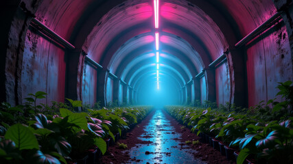 Fantasy pink-lit tunnel garden with symmetrical plant rows leading into circular opening