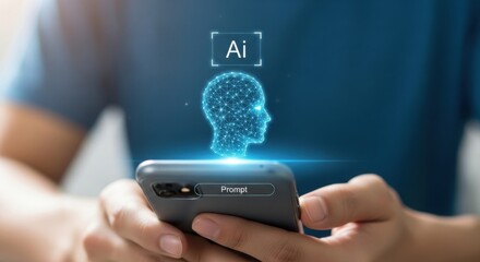 Person holding smartphone displaying futuristic glowing ai head hologram with digital network connections and data