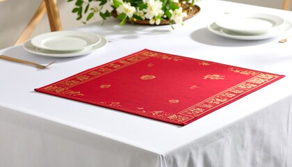 Red Placemat with Gold Design on White Table