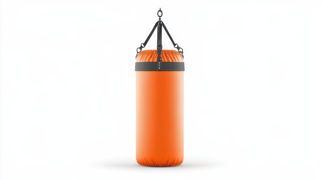 Orange cylindrical punching bag with black straps hanging from chain against clean white background