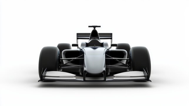Black and white photography of formula race car on white background