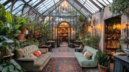 Obraz premium Lush greenhouse interior with seating areas