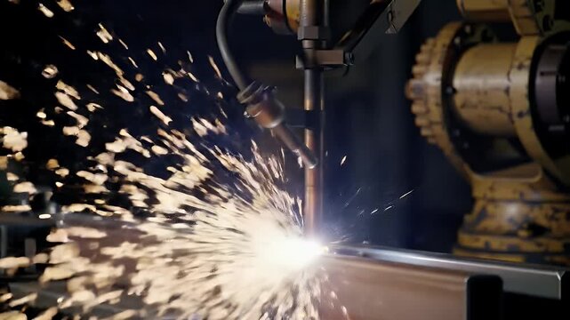 Automated welding process with sparks flying in industrial factory setting video