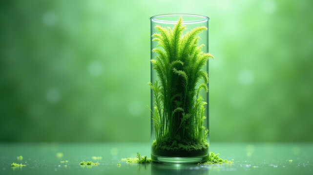 Fresh green juice with leafy herbs in glass surrounded by sparkling bubbles on green background