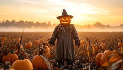 Eerie Halloween Scarecrow with Glowing Pumpkin Head in Misty Pumpkin Patch at Sunset