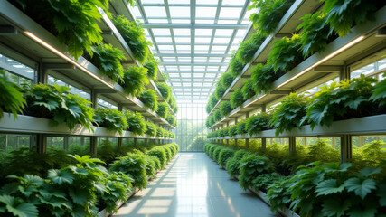 Vertical rows of lettuce growing in large commercial hydroponic greenhouse with skylight
