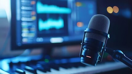 Professional podcast setup microphone and keyboard ready for audio recording content creation