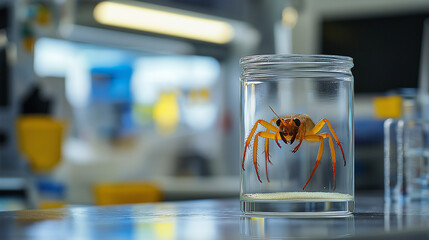 Intriguing spider specimen preserved in glass jar within a modern laboratory setting