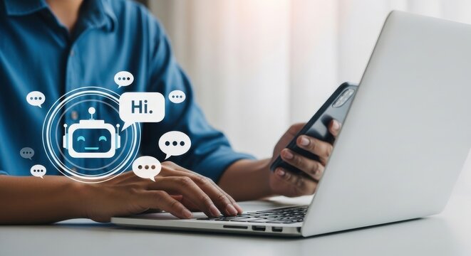 Person using a laptop and smartphone interacting with a digital chatbot interface for communication and technology assistance