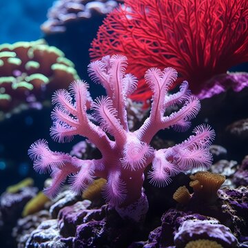 A colorful red sea anemone and red coral fish swim in a deep underwater coral reef