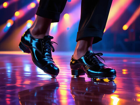 tap dancer's feet in shiny black shoes on a reflective floor in a colorful light show setting