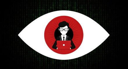 Illustration of a person with a laptop inside an eye symbol representing surveillance and digital privacy concerns