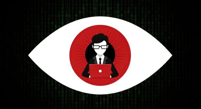 Illustration of a person with a laptop inside an eye symbol representing surveillance and digital privacy concerns