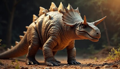 Fototapeta premium Ankylosaurus portrait displays powerful armored dinosaur alert for defense in prehistoric woodland. Textured scales, bony plates, tail spikes offer protection. Ancient herbivore roams primeval