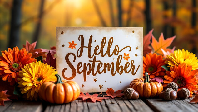 Warm autumn welcome hello september sign surrounded by vibrant fall flowers pumpkins and leaves - Powered by Adobe