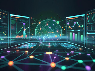 The technology dashboard displays interactive statistical data and AI-based global connectivity in a modern digital environment.