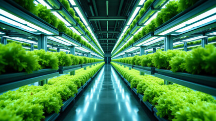 Perspective shot of vertical hydroponic rows with leafy greens glowing under white lights
