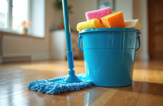 Bright blue mop and bucket filled with colorful sponges sit on shiny hardwood floor. Cleaning supplies ready for domestic housework and household chores. Hygiene and clean home concept.